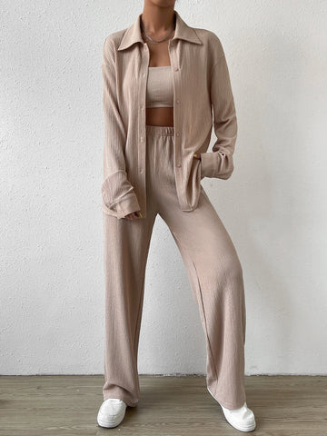 EZwear Solid Tube Top & Button Front Tee & Pants