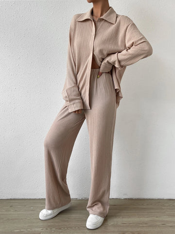 EZwear Solid Tube Top & Button Front Tee & Pants