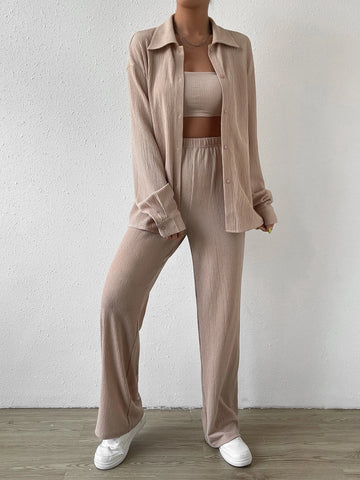 EZwear Solid Tube Top & Button Front Tee & Pants