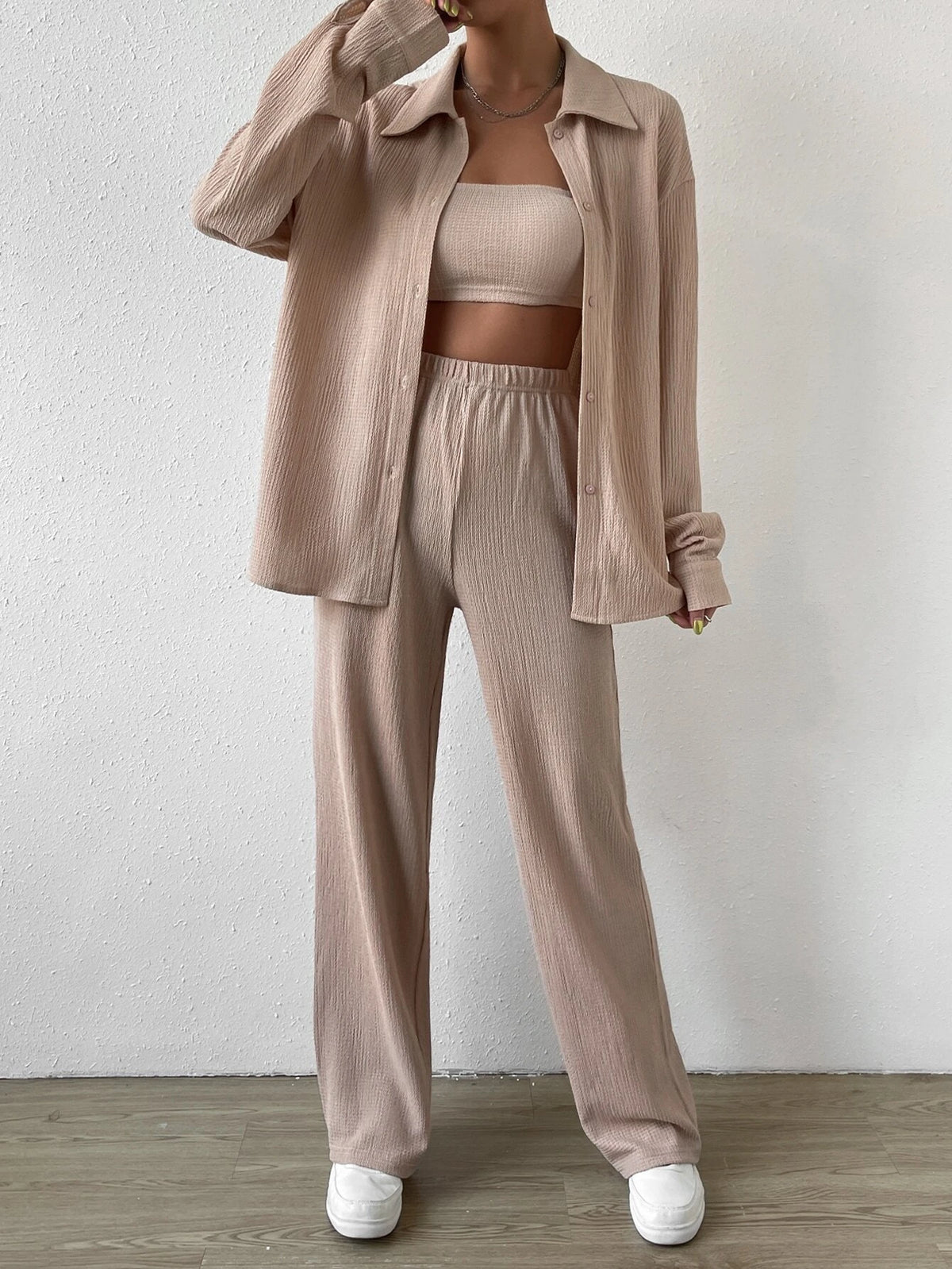 EZwear Solid Tube Top & Button Front Tee & Pants