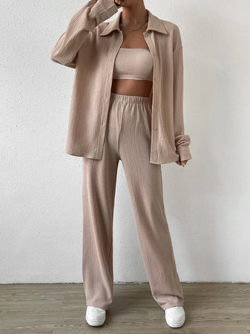 EZwear Solid Tube Top & Button Front Tee & Pants