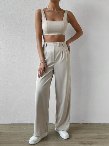 EZwear Solid Crop Tank Top & Wide Leg Pants
