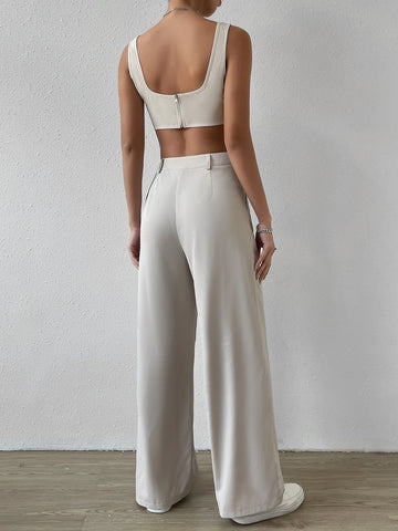 EZwear Solid Crop Tank Top & Wide Leg Pants