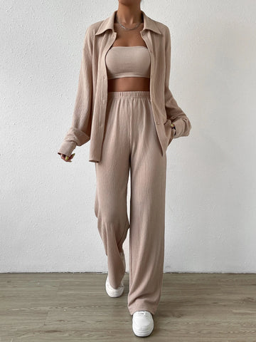 EZwear Solid Tube Top & Button Front Tee & Pants