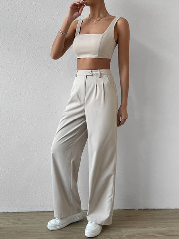 EZwear Solid Crop Tank Top & Wide Leg Pants