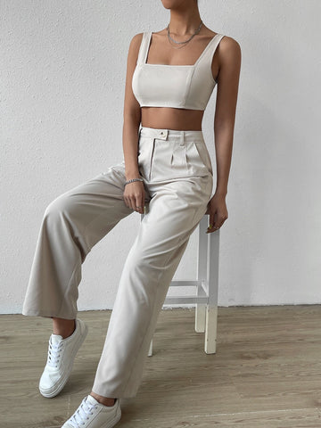 EZwear Solid Crop Tank Top & Wide Leg Pants