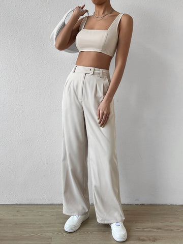 EZwear Solid Crop Tank Top & Wide Leg Pants