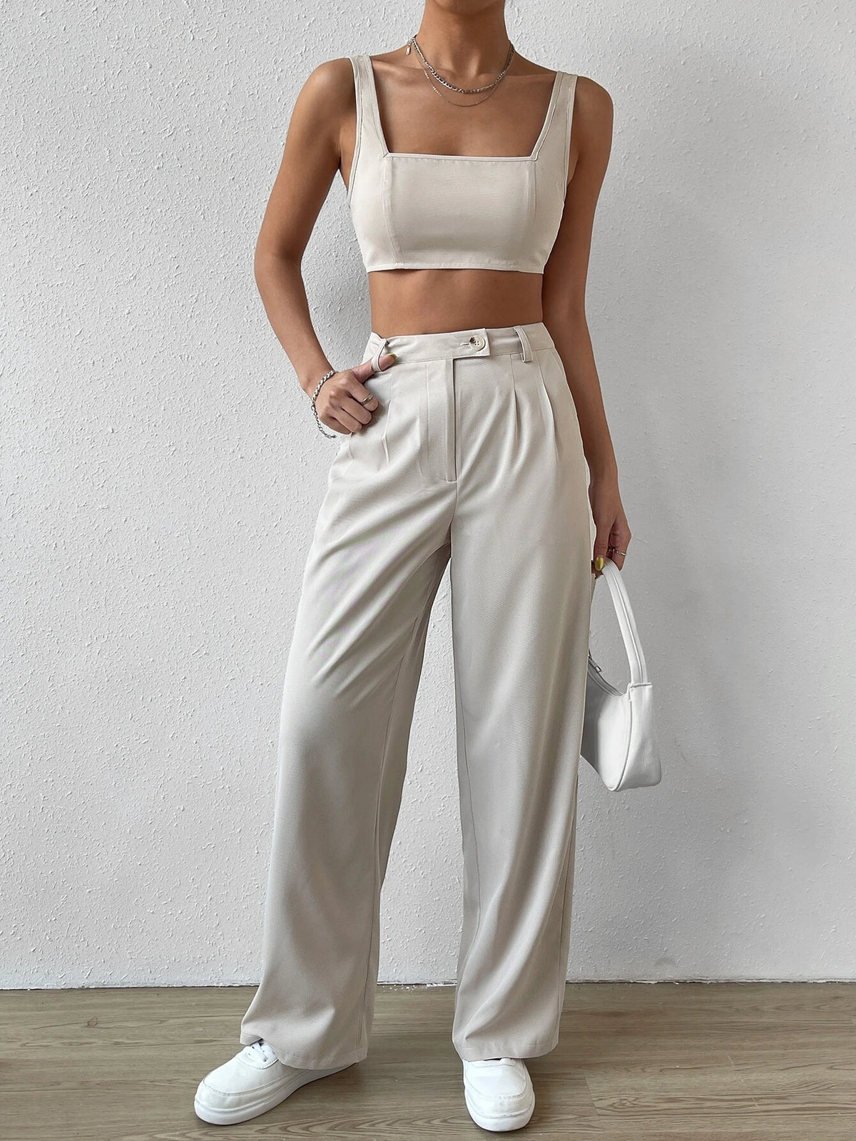 EZwear Solid Crop Tank Top & Wide Leg Pants