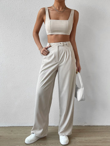 EZwear Solid Crop Tank Top & Wide Leg Pants