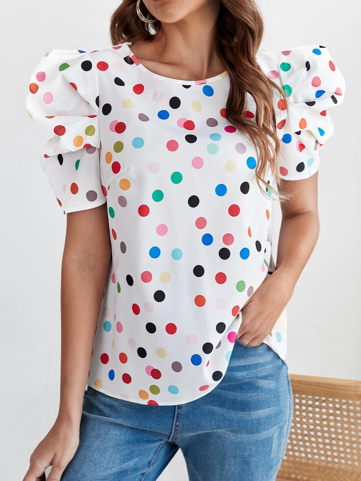 EMERY ROSE Polka Dot Puff Sleeve Blouse