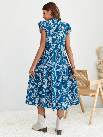 EMERY ROSE Allover Floral Print Frill Mock Neck Ruffle Hem Smock Dress