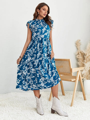 EMERY ROSE Allover Floral Print Frill Mock Neck Ruffle Hem Smock Dress