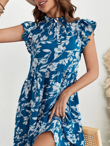 EMERY ROSE Allover Floral Print Frill Mock Neck Ruffle Hem Smock Dress