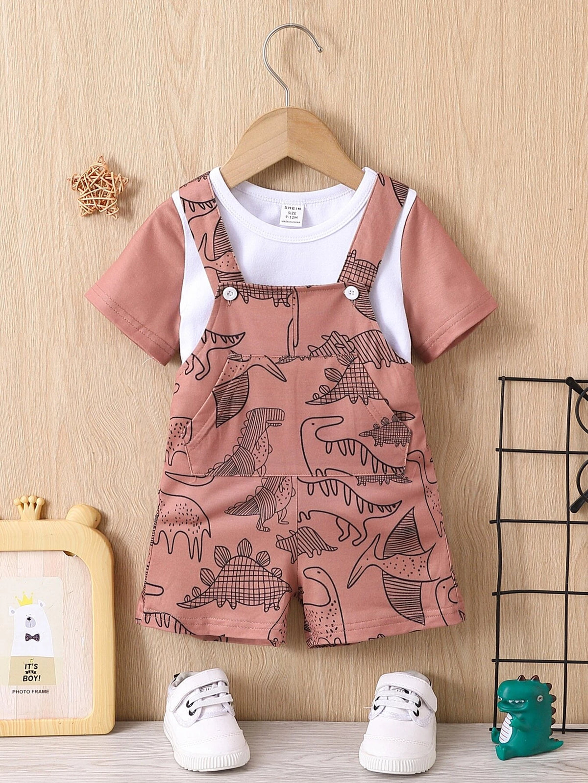 Baby Colorblock Tee & Dinosaur Print Overall Romper
