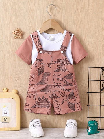 Baby Colorblock Tee & Dinosaur Print Overall Romper