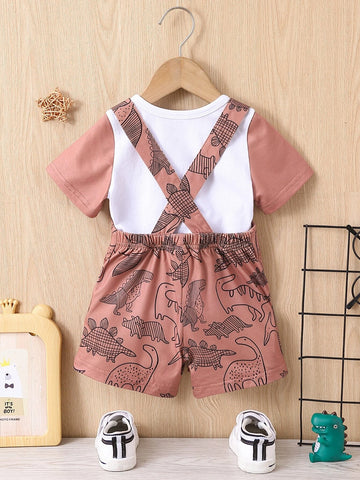 Baby Colorblock Tee & Dinosaur Print Overall Romper