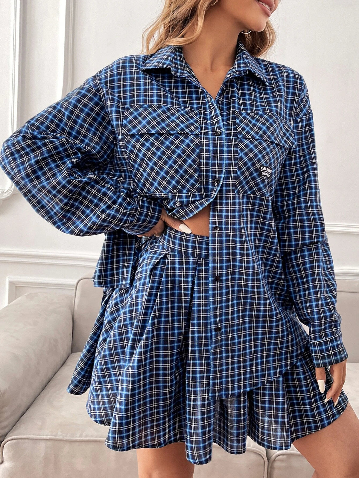 EZwear Plaid Print Drop Shoulder Flap Pocket Shirt & Pleated Skirt