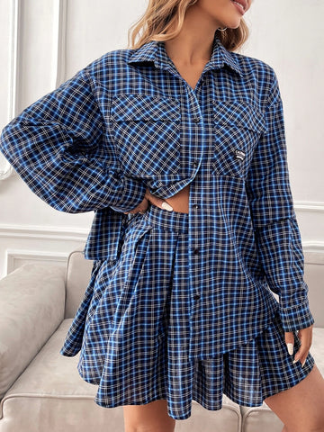 EZwear Plaid Print Drop Shoulder Flap Pocket Shirt & Pleated Skirt