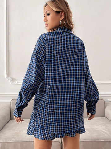 EZwear Plaid Print Drop Shoulder Flap Pocket Shirt & Pleated Skirt