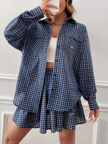 EZwear Plaid Print Drop Shoulder Flap Pocket Shirt & Pleated Skirt