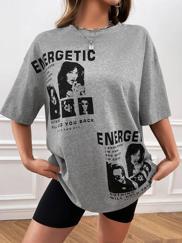 EZwear Figure & Slogan Graphic Drop Shoulder Tee