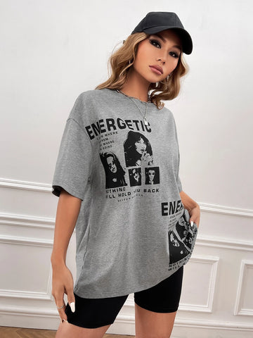 EZwear Figure & Slogan Graphic Drop Shoulder Tee