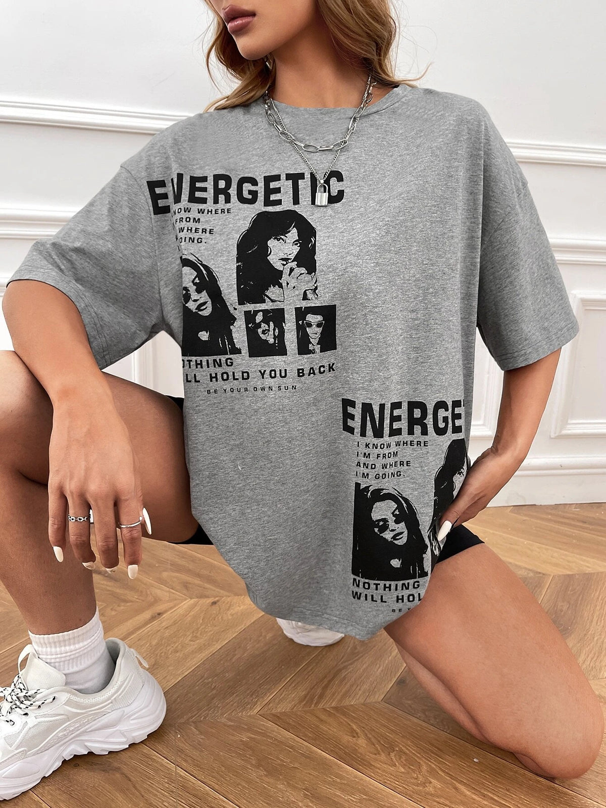 EZwear Figure & Slogan Graphic Drop Shoulder Tee