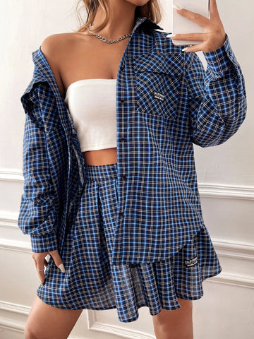 EZwear Plaid Print Drop Shoulder Flap Pocket Shirt & Pleated Skirt