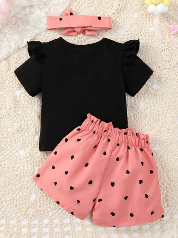 Baby Cat Print Ruffle Trim Tee & Heart Print Bow Front Shorts & Headband