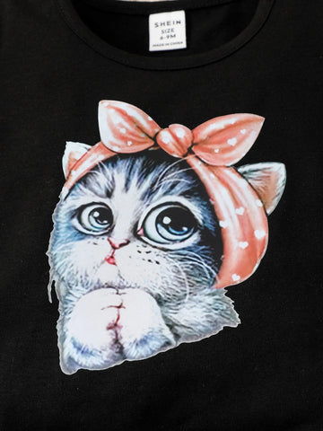Baby Cat Print Ruffle Trim Tee & Heart Print Bow Front Shorts & Headband