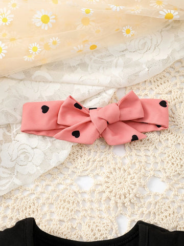 Baby Cat Print Ruffle Trim Tee & Heart Print Bow Front Shorts & Headband
