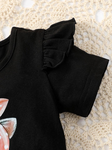 Baby Cat Print Ruffle Trim Tee & Heart Print Bow Front Shorts & Headband