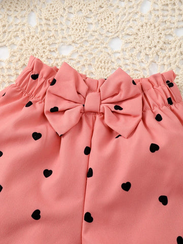 Baby Cat Print Ruffle Trim Tee & Heart Print Bow Front Shorts & Headband