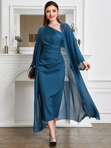 Bell Sleeve Coat & One Shoulder Ruched Dress