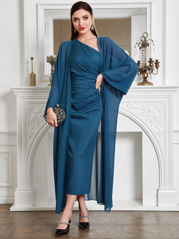 Bell Sleeve Coat & One Shoulder Ruched Dress