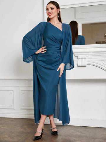 Bell Sleeve Coat & One Shoulder Ruched Dress