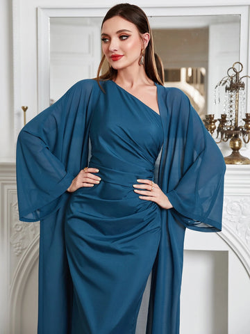 Bell Sleeve Coat & One Shoulder Ruched Dress