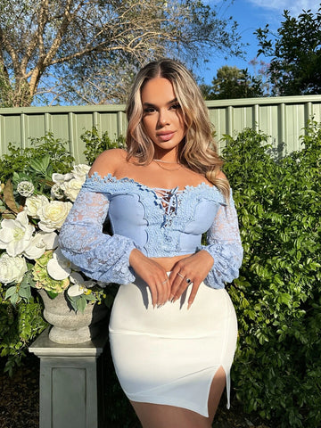 Off Shoulder Lace Up Front Contrast Lace Lantern Sleeve Crop Blouse