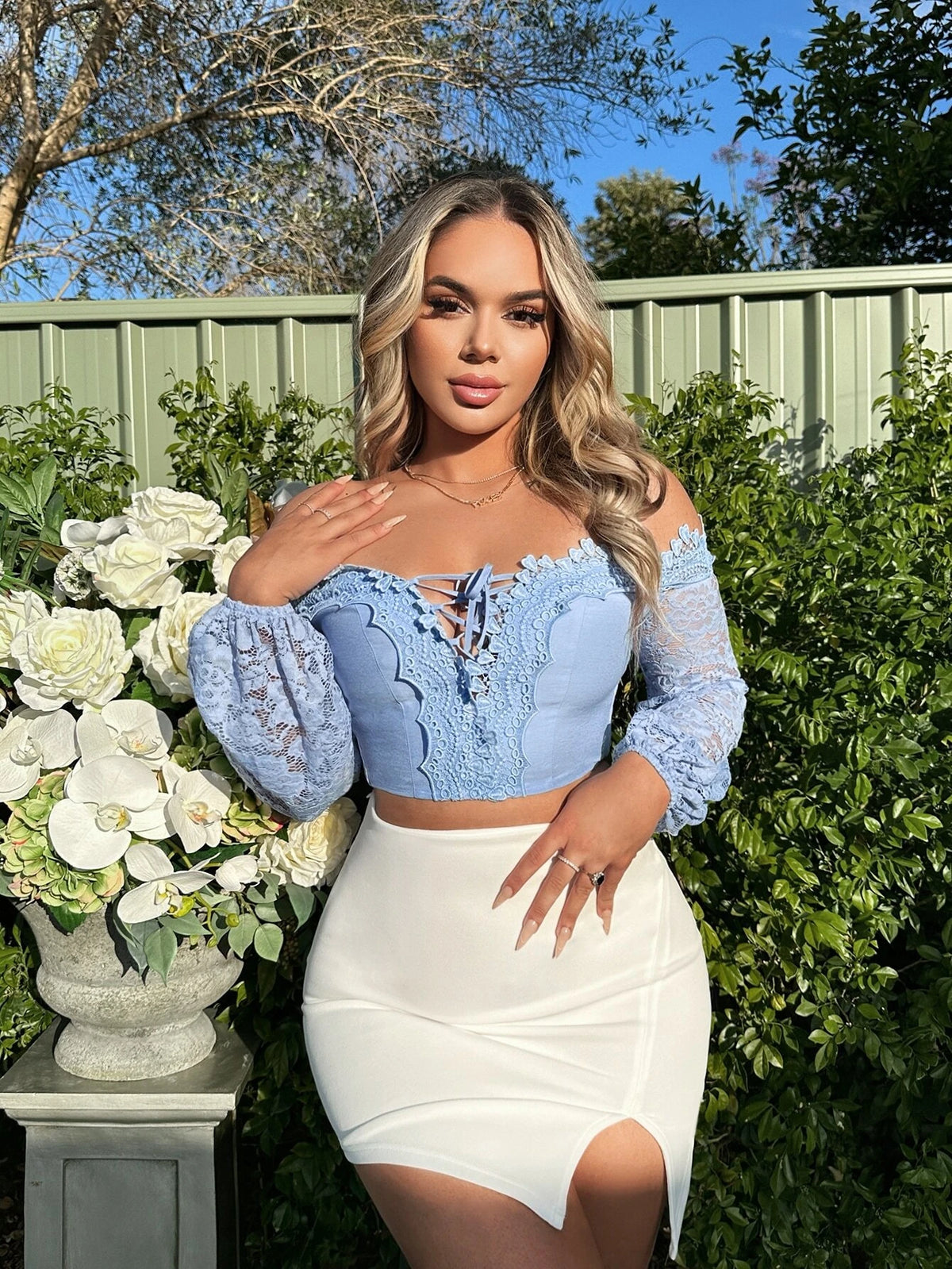 Off Shoulder Lace Up Front Contrast Lace Lantern Sleeve Crop Blouse