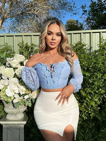 Off Shoulder Lace Up Front Contrast Lace Lantern Sleeve Crop Blouse