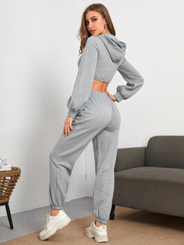 EZwear Letter Patched Detail Cutout Drawstring Hoodie & Sweatpants