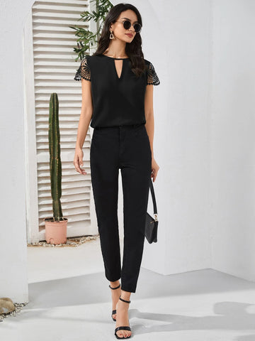 Keyhole Neck Guipure Lace Blouse