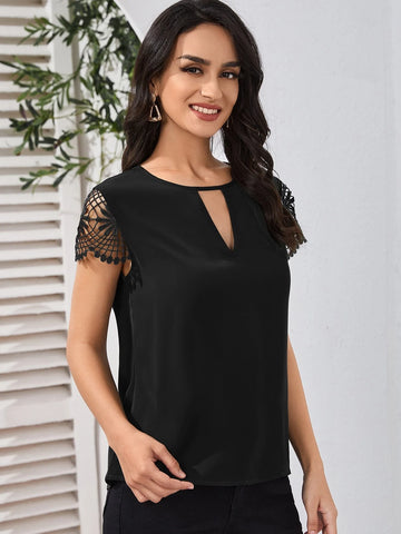 Keyhole Neck Guipure Lace Blouse