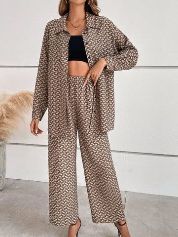 Allover Print Drop Shoulder Shirt & Wide Leg Pants