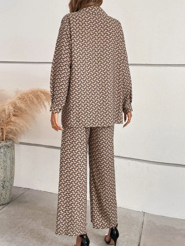 Allover Print Drop Shoulder Shirt & Wide Leg Pants