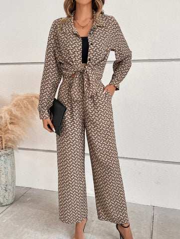Allover Print Drop Shoulder Shirt & Wide Leg Pants