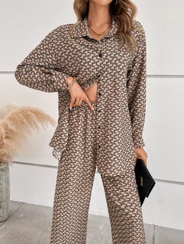 Allover Print Drop Shoulder Shirt & Wide Leg Pants