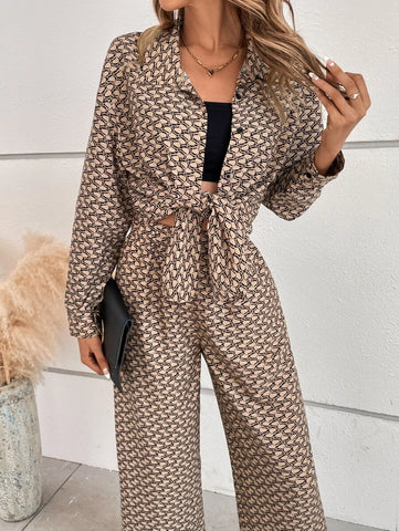 Allover Print Drop Shoulder Shirt & Wide Leg Pants