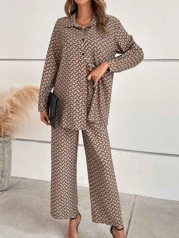 Allover Print Drop Shoulder Shirt & Wide Leg Pants