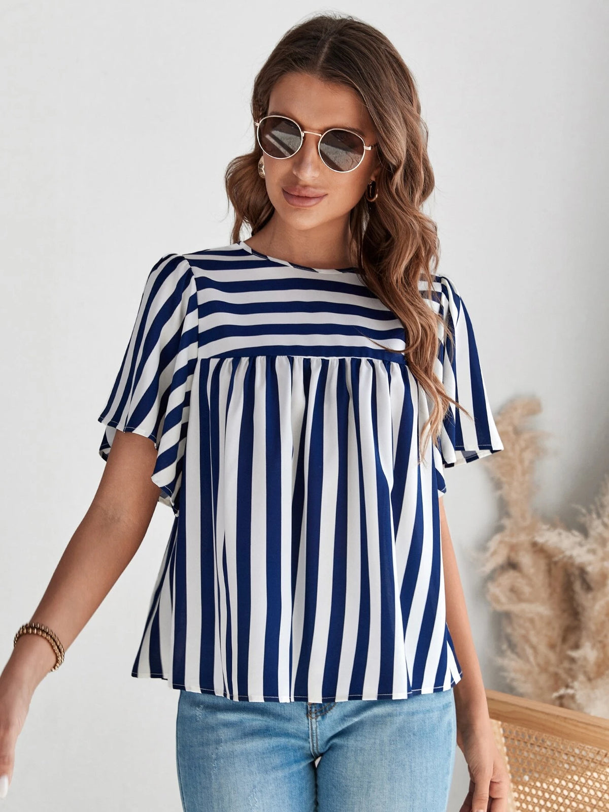 EMERY ROSE Striped Print Butterfly Sleeve Smock Top